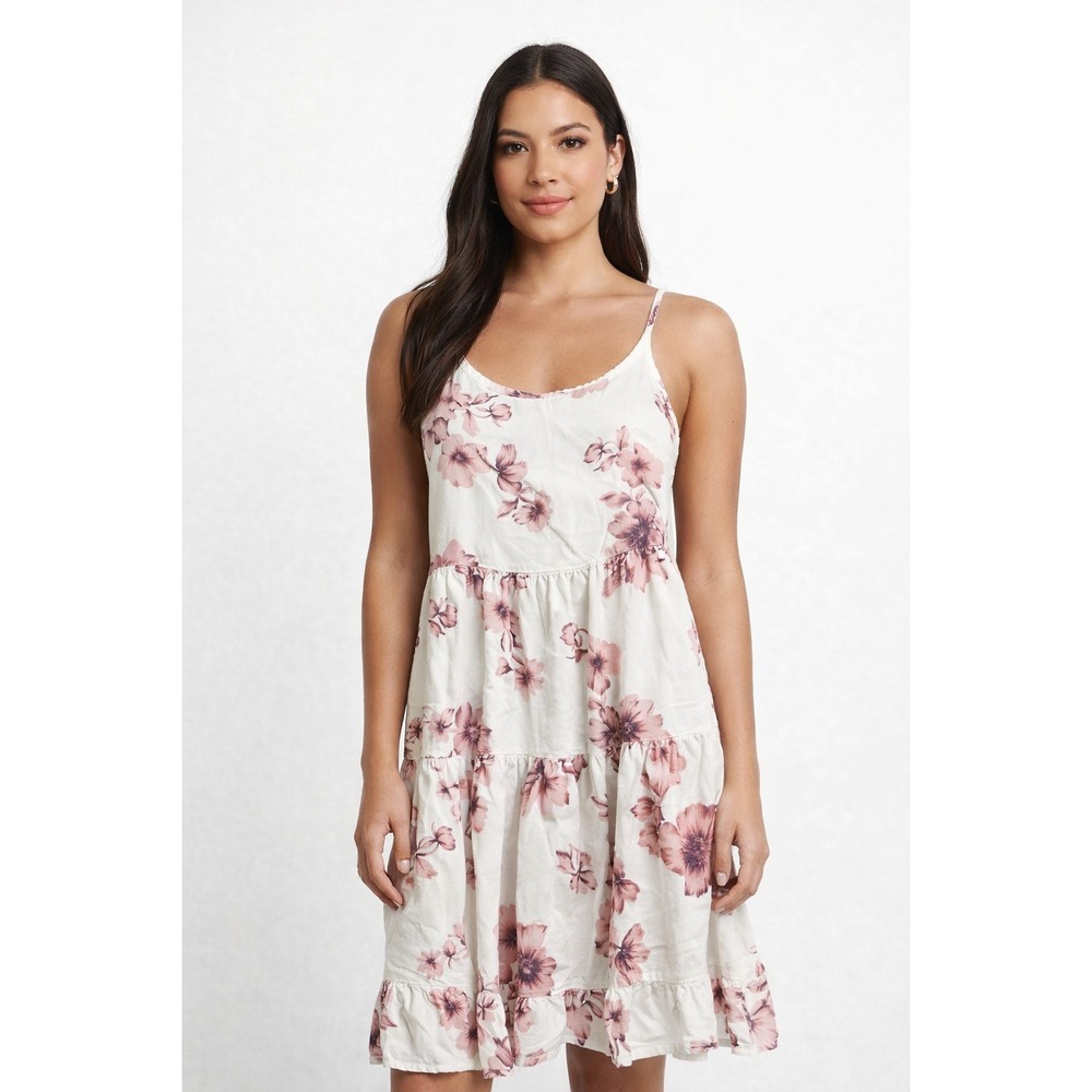 Brandy Melville Dress Womens One Size White Pink Floral Tiered Sundress Swing